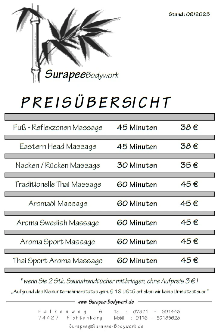 Preise für Massagen und Anwendungen